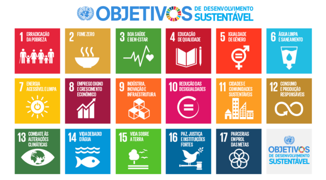 Imagem oficial dos 17 Objetivos de Desenvolvimento Sustentável da Agenda 2030 da ONU
